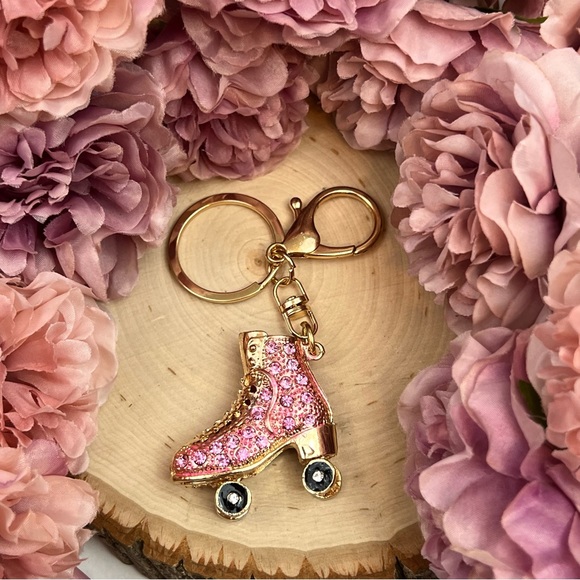 Pink and Gold Crystal Roller Skate Keychain Charm - Picture 11 of 16